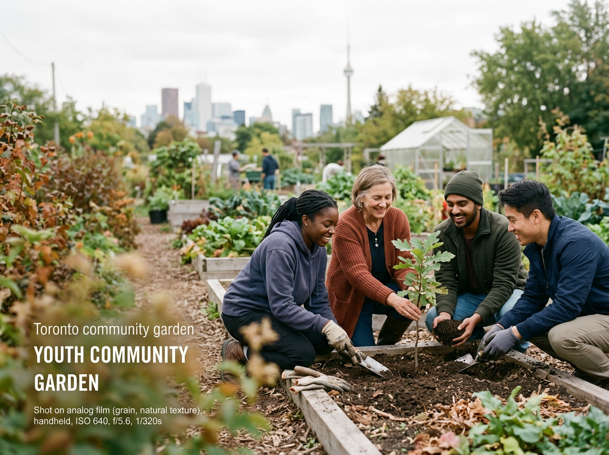A mentor and young people planting a tree together in a community garden
